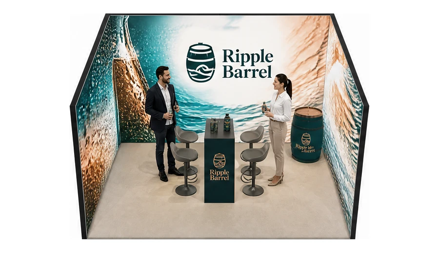 Stoisko 4 × 4 m szeregowe dla branży napoje, przykładowa marka Ripple Barrel