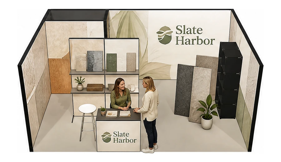 Stoisko 6 × 4 m szeregowe dla branży wykończenie wnętrz, przykładowa marka Slate Harbor