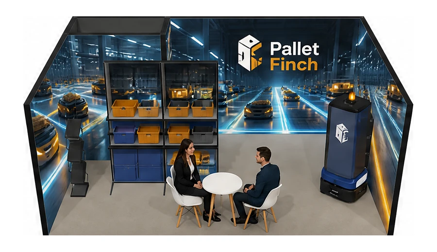 Stoisko 6 × 4 m szeregowe dla branży intralogistyka i magazyn, przykładowa marka Pallet Finch