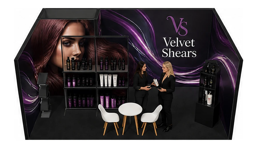 Stoisko 6 × 4 m szeregowe dla branży fryzjerstwo i salony beauty, przykładowa marka Velvet Shears