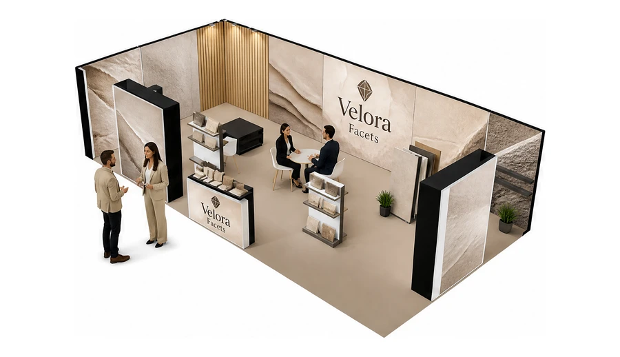 Stoisko 10 × 5 m narożne lewe dla branży wykończenie wnętrz, przykładowa marka Velora Facets