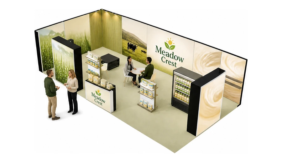Stoisko 10 × 5 m narożne lewe dla branży nabiał i mleczarstwo, przykładowa marka Meadow Crest