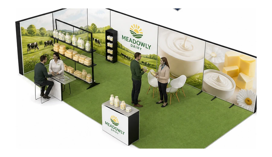 Stoisko 10 × 5 m narożne lewe dla branży nabiał i mleczarstwo, przykładowa marka Meadowly Dairy