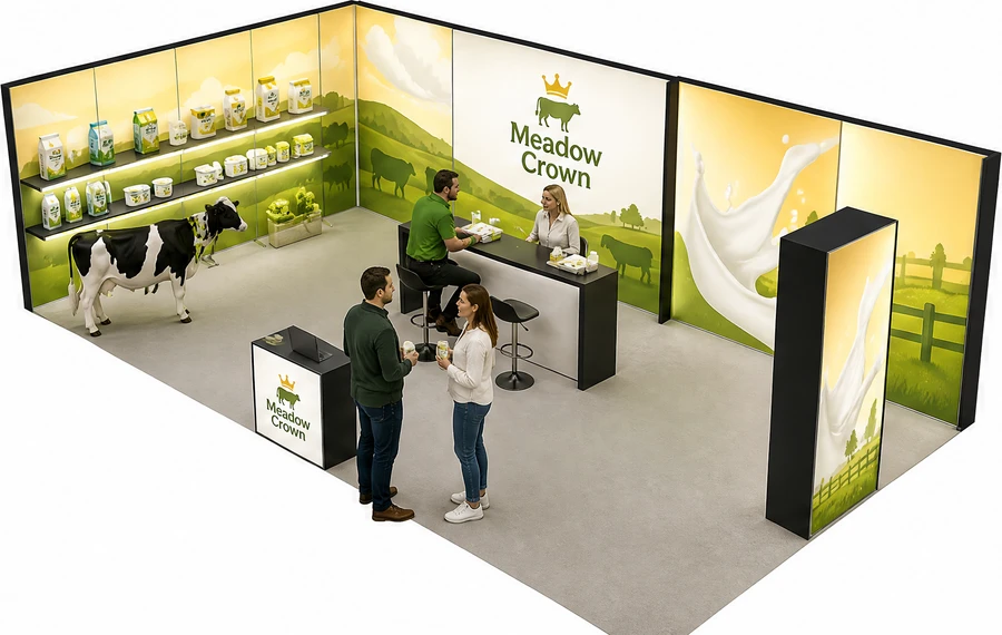 Stoisko 10 × 5 m narożne lewe dla branży nabiał i mleczarstwo, przykładowa marka Meadow Crown