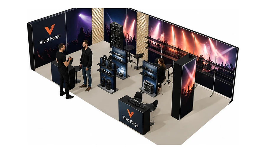Stoisko 10 × 5 m narożne lewe dla branży branża eventowa, przykładowa marka Vivid Forge