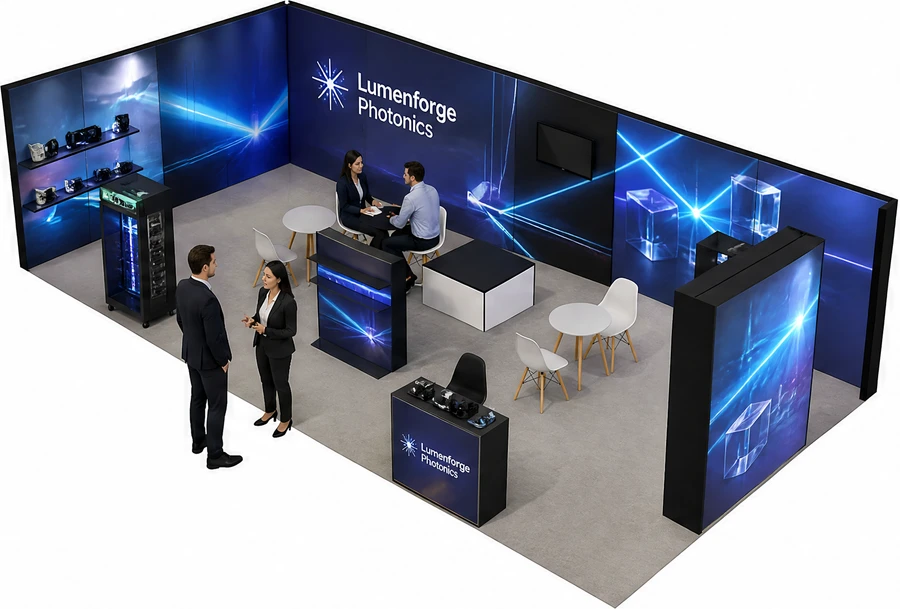 Stoisko 10 × 5 m narożne lewe dla branży technika laserowa i fotonika, przykładowa marka Lumenforge Photonics