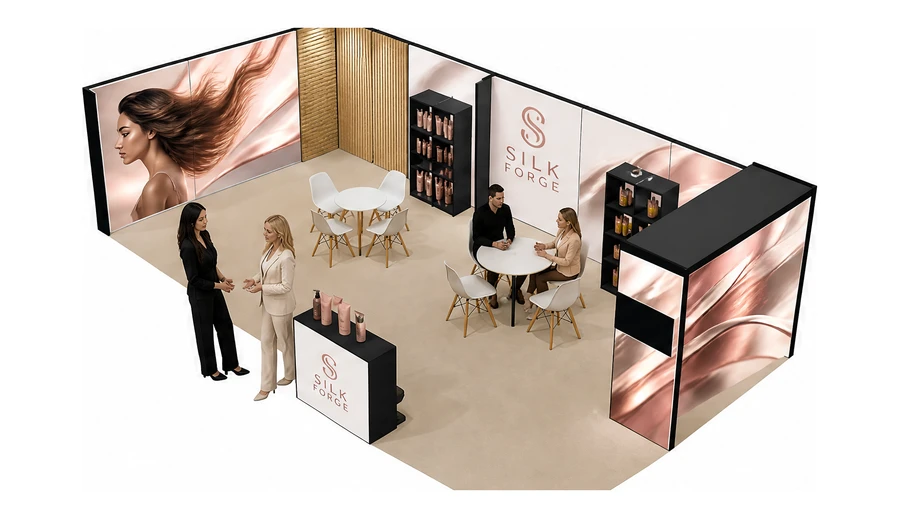 Stoisko 10 × 5 m narożne lewe dla branży fryzjerstwo i salony beauty, przykładowa marka Silk Forge