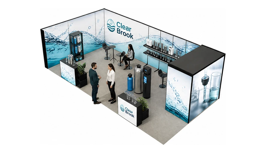 Stoisko 10 × 5 m narożne lewe dla branży technologie wodne, przykładowa marka Clear Brook