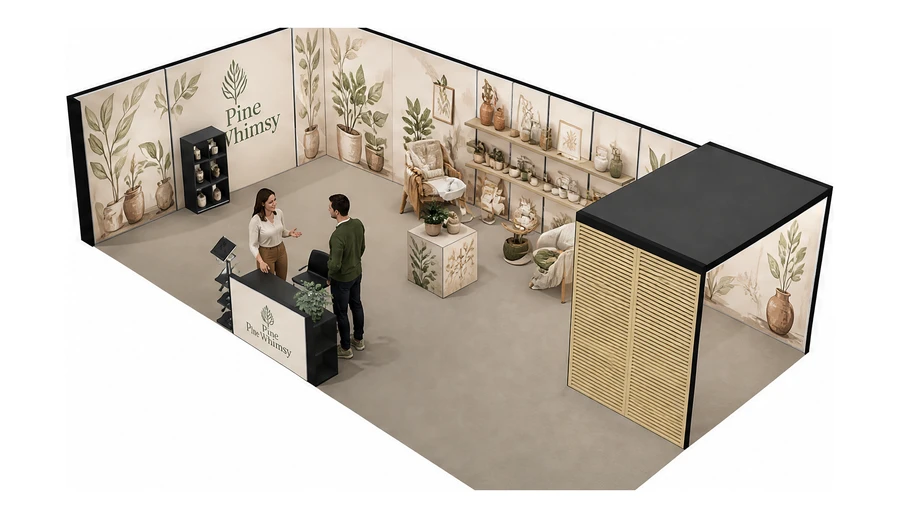 Stoisko 10 × 5 m narożne lewe dla branży dekoracje i upominki, przykładowa marka Pine Whimsy