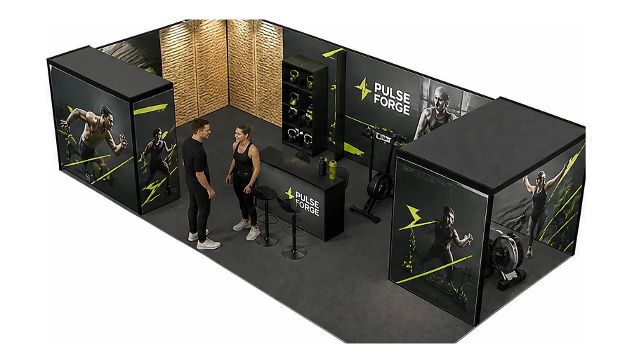 Stoisko 10 × 5 m narożne lewe dla branży fitness i siłownie, przykładowa marka Pulse Forge