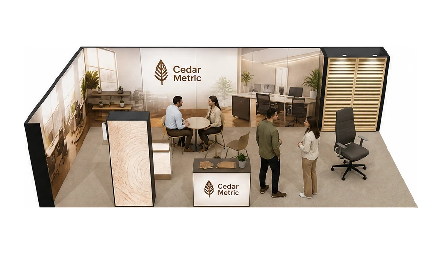 Stoisko 10 × 5 m narożne lewe dla branży meble biurowe, przykładowa marka Cedar Metric