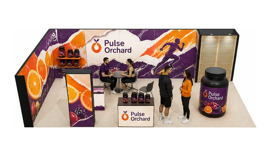 Stoisko 10 × 5 m narożne lewe dla branży suplementy diety, przykładowa marka Pulse Orchard