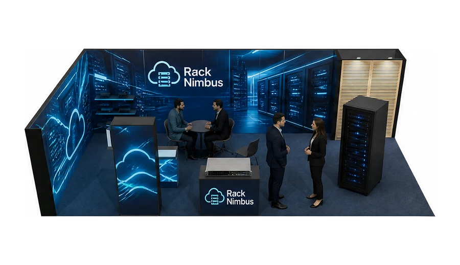 Stoisko 10 × 5 m narożne lewe dla branży infrastruktura IT i data center, przykładowa marka Rack Nimbus