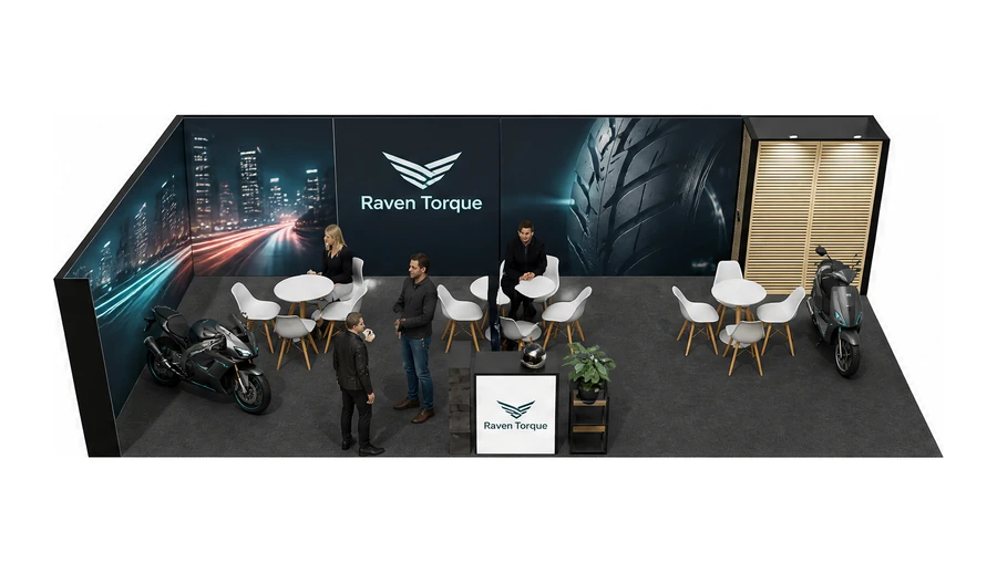 Stoisko 10 × 5 m narożne lewe dla branży motocykle i skutery, przykładowa marka Raven Torque
