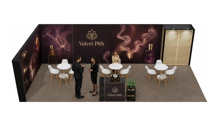 Stoisko 10 × 5 m narożne lewe dla branży perfumy, przykładowa marka Velvet Pith