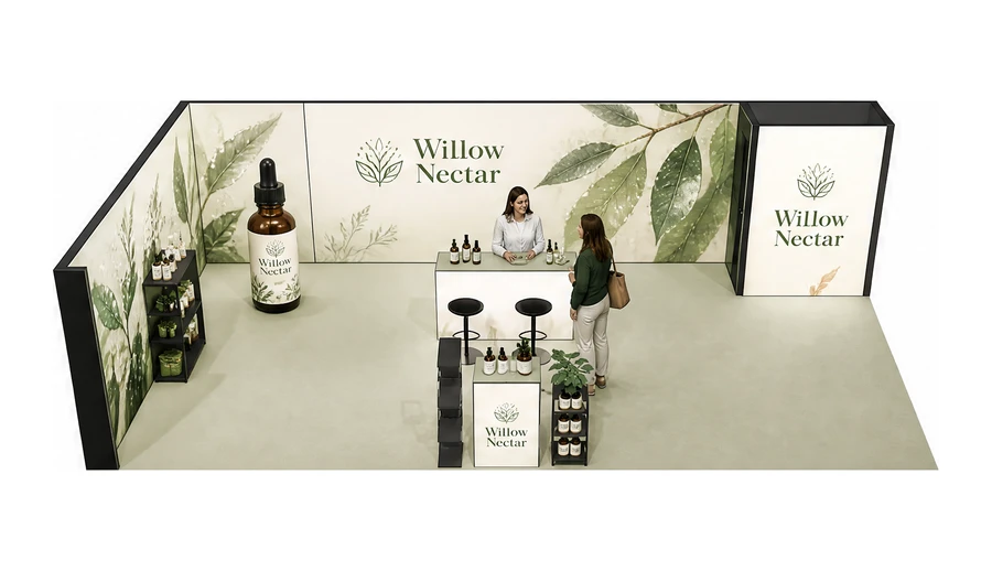 Stoisko 10 × 5 m narożne lewe dla branży kosmetyki naturalne, przykładowa marka Willow Nectar