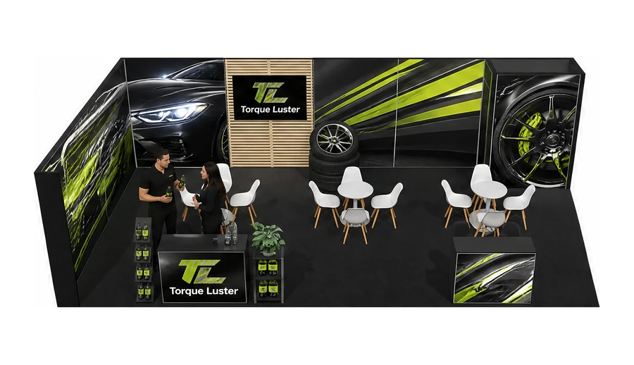 Stoisko 10 × 5 m narożne lewe dla branży tuning i detailing, przykładowa marka Torque Luster