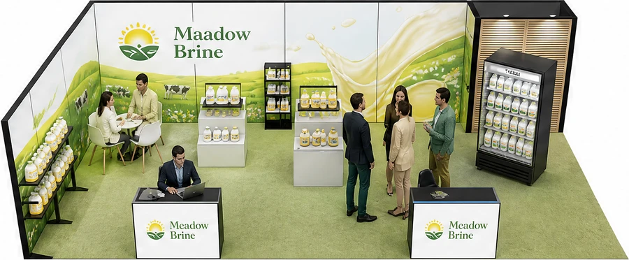 Stoisko 10 × 5 m narożne lewe dla branży nabiał i mleczarstwo, przykładowa marka Meadow Brine