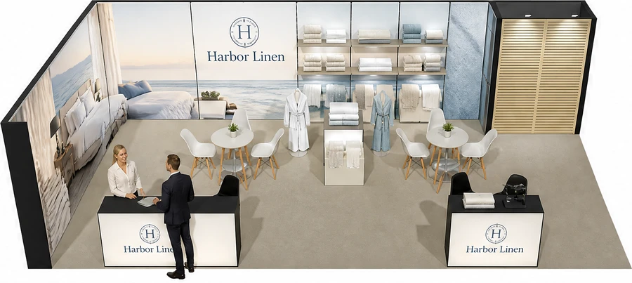 Stoisko 10 × 5 m narożne lewe dla branży wyposażenie hoteli, przykładowa marka Harbor Linen