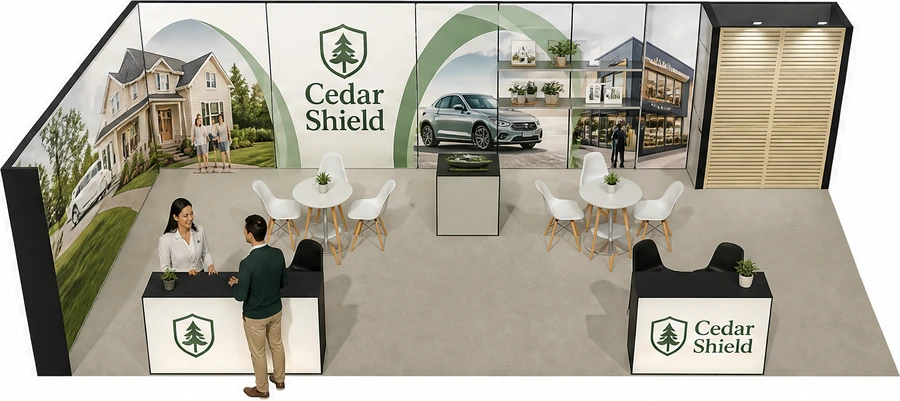 Stoisko 10 × 5 m narożne lewe dla branży ubezpieczenia, przykładowa marka Cedar Shield