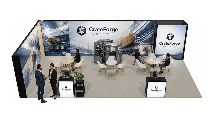 Stoisko 10 × 5 m narożne lewe dla branży maszyny pakujące, przykładowa marka CrateForge Systems