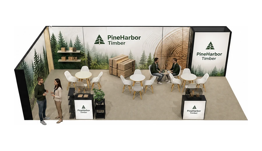Stoisko 10 × 5 m narożne lewe dla branży leśnictwo i przemysł drzewny, przykładowa marka PineHarbor Timber
