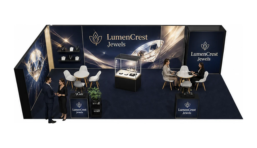 Stoisko 10 × 5 m narożne lewe dla branży biżuteria, przykładowa marka LumenCrest Jewels