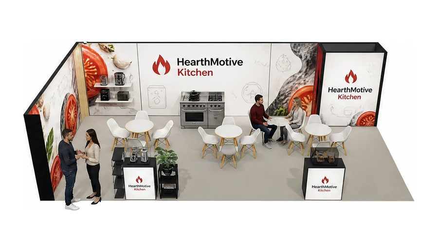 Stoisko 10 × 5 m narożne lewe dla branży sprzęt kuchenny i AGD, przykładowa marka HearthMotive Kitchen