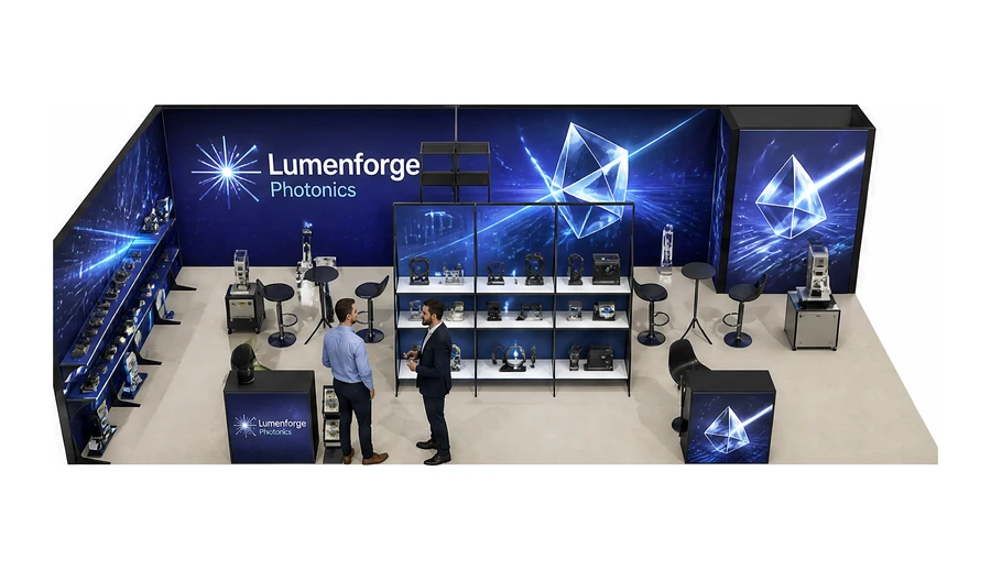 Stoisko 10 × 5 m narożne lewe dla branży technika laserowa i fotonika, przykładowa marka Lumenforge Photonics