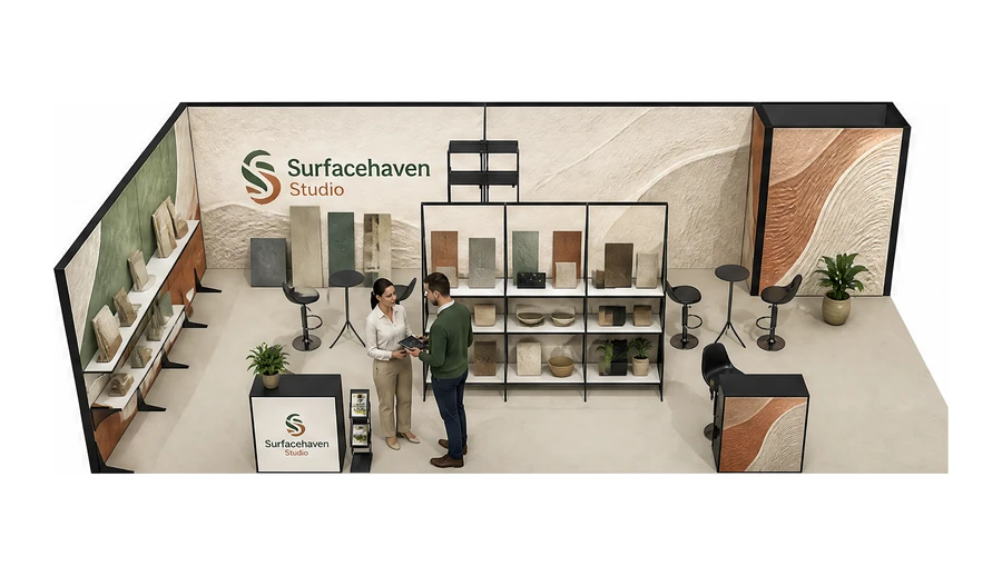Stoisko 10 × 5 m narożne lewe dla branży wykończenie wnętrz, przykładowa marka Surfacehaven Studio