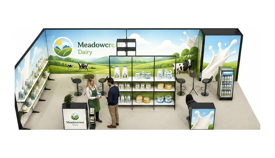 Stoisko 10 × 5 m narożne lewe dla branży nabiał i mleczarstwo, przykładowa marka Meadowcrest Dairy
