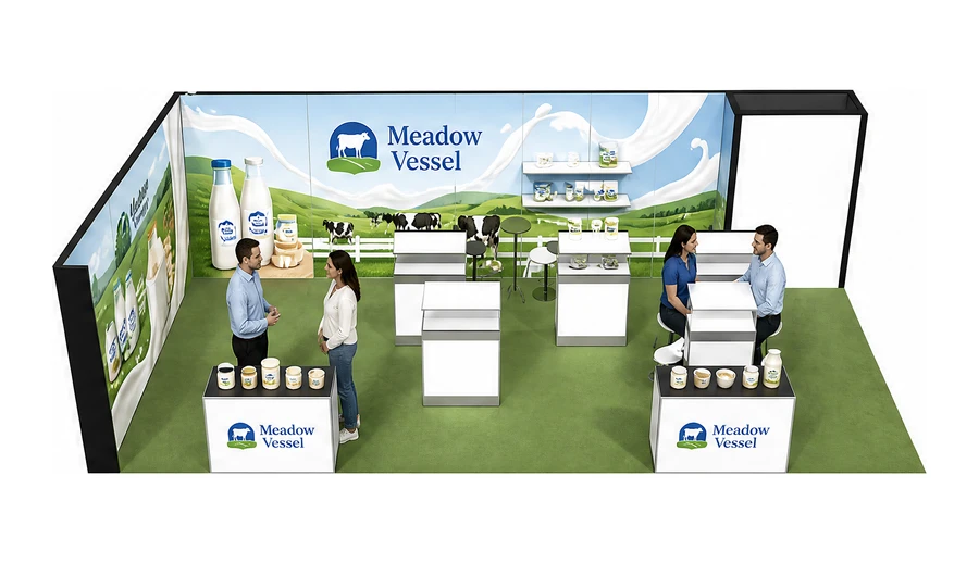 Stoisko 10 × 5 m narożne lewe dla branży nabiał i mleczarstwo, przykładowa marka Meadow Vessel
