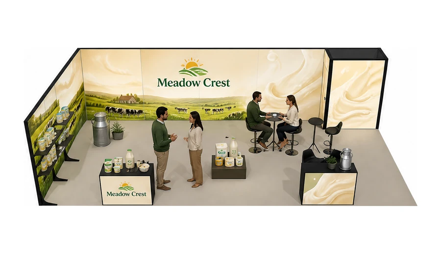 Stoisko 10 × 5 m narożne lewe dla branży nabiał i mleczarstwo, przykładowa marka Meadow Crest
