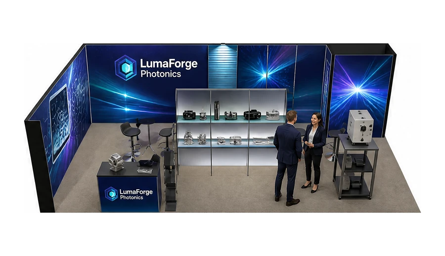 Stoisko 10 × 5 m narożne lewe dla branży technika laserowa i fotonika, przykładowa marka LumaForge Photonics