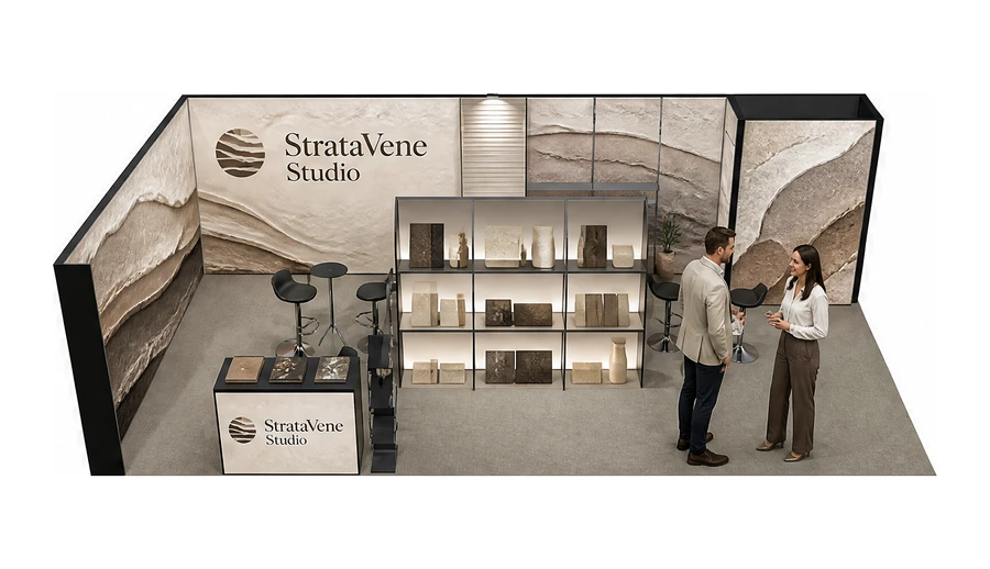 Stoisko 10 × 5 m narożne lewe dla branży wykończenie wnętrz, przykładowa marka StrataVene Studio