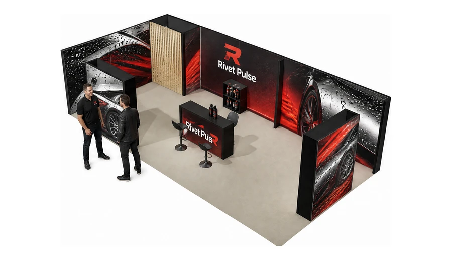 Stoisko 10 × 5 m narożne lewe dla branży tuning i detailing, przykładowa marka Rivet Pulse