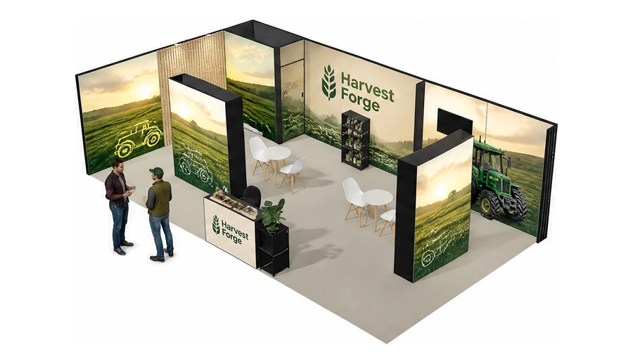 Stoisko 10 × 5 m narożne lewe dla branży maszyny rolnicze, przykładowa marka Harvest Forge