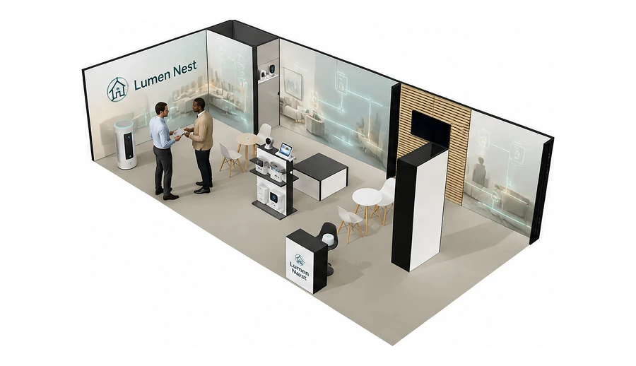 Stoisko 10 × 5 m narożne lewe dla branży smart home i IoT, przykładowa marka Lumen Nest