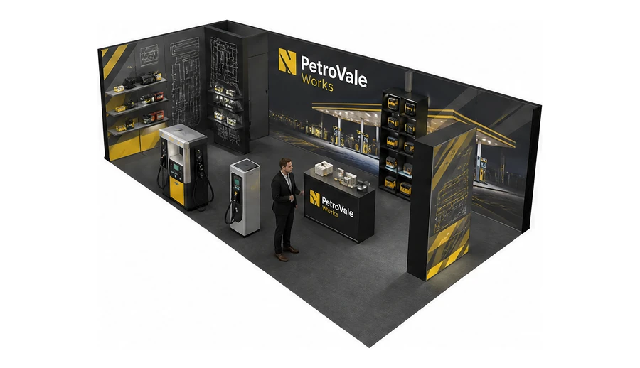 Stoisko 10 × 5 m narożne lewe dla branży stacje paliw, przykładowa marka PetroVale Works
