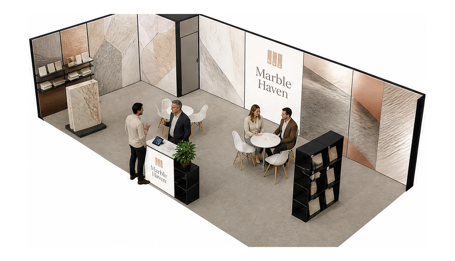 Stoisko 10 × 5 m narożne lewe dla branży wykończenie wnętrz, przykładowa marka Marble Haven