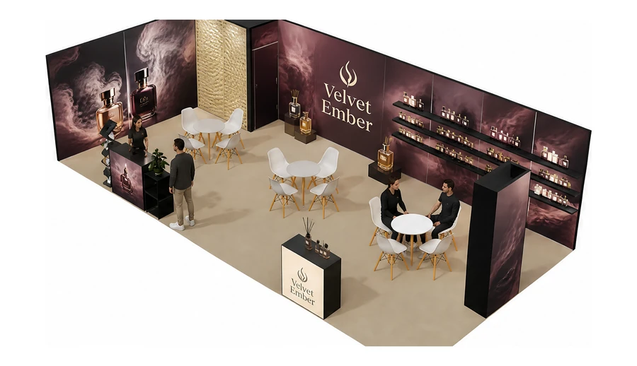 Stoisko 10 × 5 m narożne lewe dla branży perfumy, przykładowa marka Velvet Ember