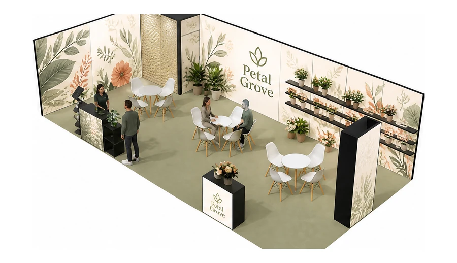 Stoisko 10 × 5 m narożne lewe dla branży rośliny i kwiaciarstwo, przykładowa marka Petal Grove