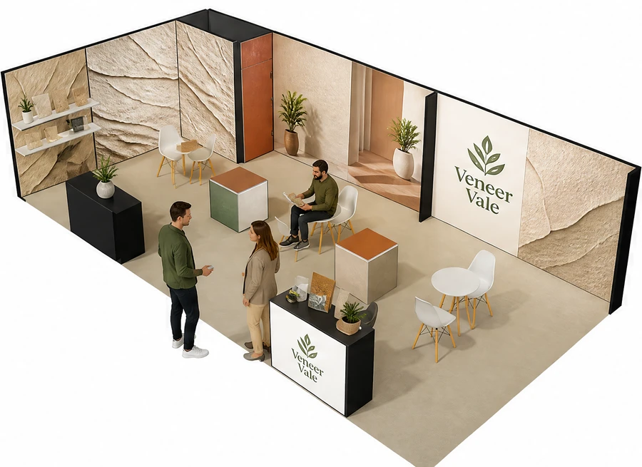 Stoisko 10 × 5 m narożne lewe dla branży wykończenie wnętrz, przykładowa marka Veneer Vale