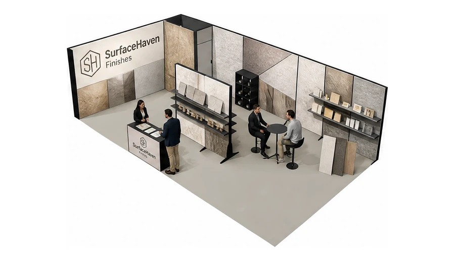 Stoisko 10 × 5 m narożne lewe dla branży wykończenie wnętrz, przykładowa marka SurfaceHaven Finishes