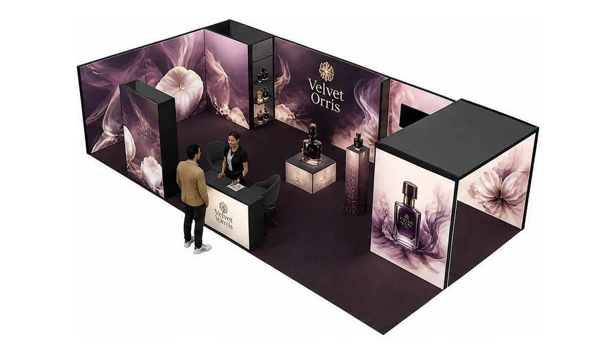Stoisko 10 × 5 m narożne lewe dla branży perfumy, przykładowa marka Velvet Orris