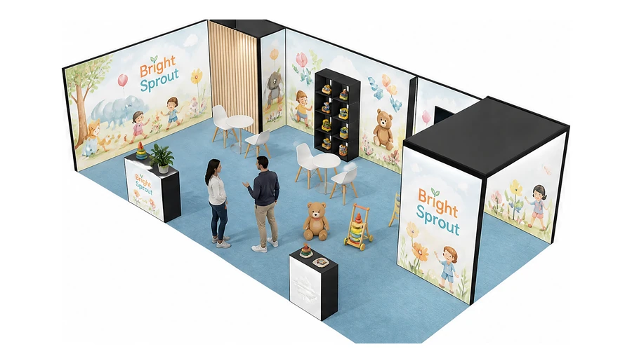 Stoisko 10 × 5 m narożne lewe dla branży zabawki i artykuły dziecięce, przykładowa marka Bright Sprout