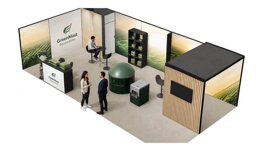 Stoisko 10 × 5 m narożne lewe dla branży biogaz i OZE, przykładowa marka GreenMast Renewables