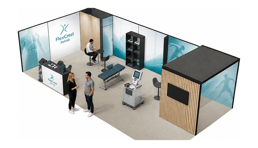 Stoisko 10 × 5 m narożne lewe dla branży rehabilitacja i fizjoterapia, przykładowa marka FlexCrest Rehab
