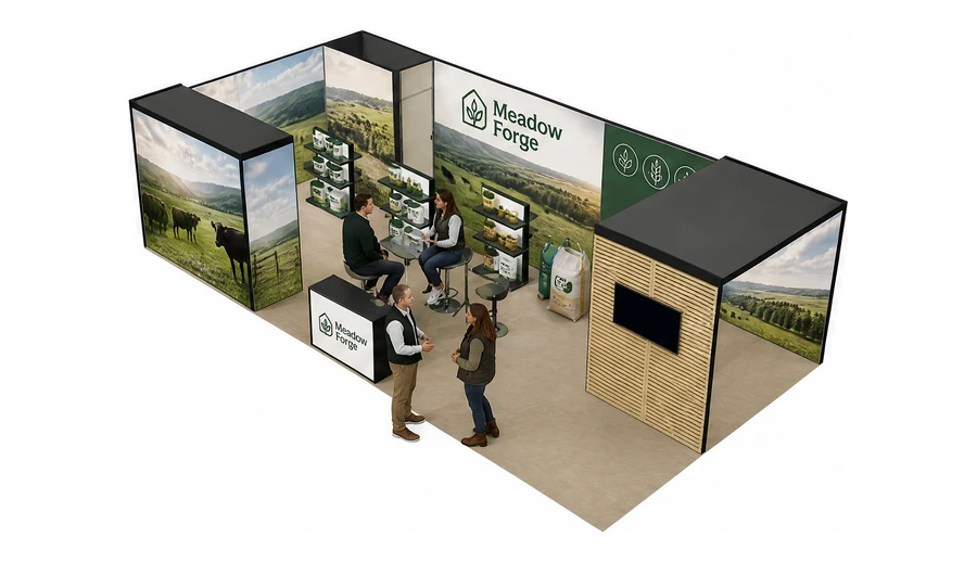 Stoisko 10 × 5 m narożne lewe dla branży hodowla i pasze, przykładowa marka Meadow Forge