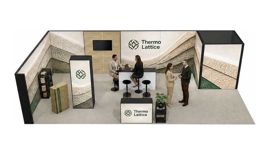 Stoisko 10 × 5 m narożne lewe dla branży izolacje techniczne, przykładowa marka Thermo Lattice